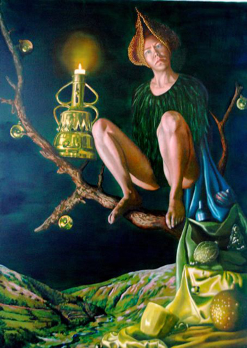 Verk av Maria Jokitalo, Trädgrevinnan, akryl/olja på duk, 125x170 cm
